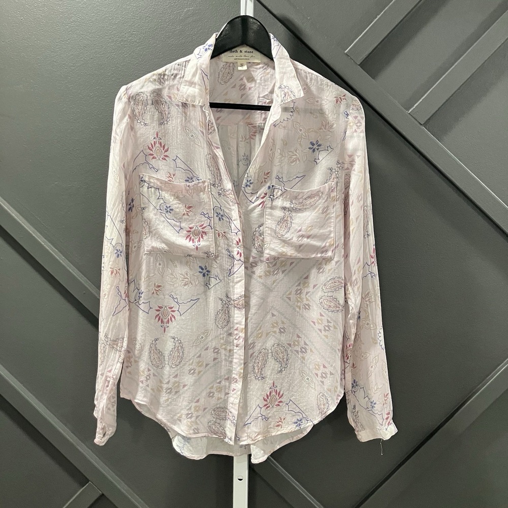 Cloth & Stone Anthropologie XS Pink Paisley Satin Blouse Oversized Pocket Shirt